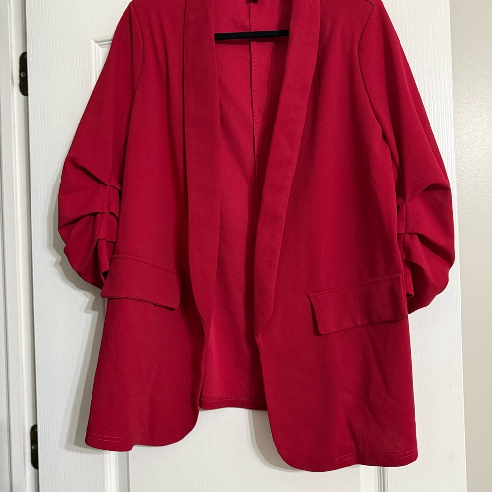 SHEIN Vibrant Red Ruched Sleeve Blazer